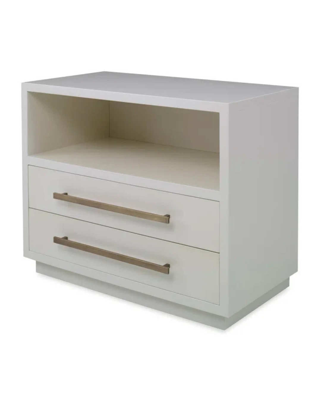 Modern White Nightstand with Open Shelf and Two Drawers