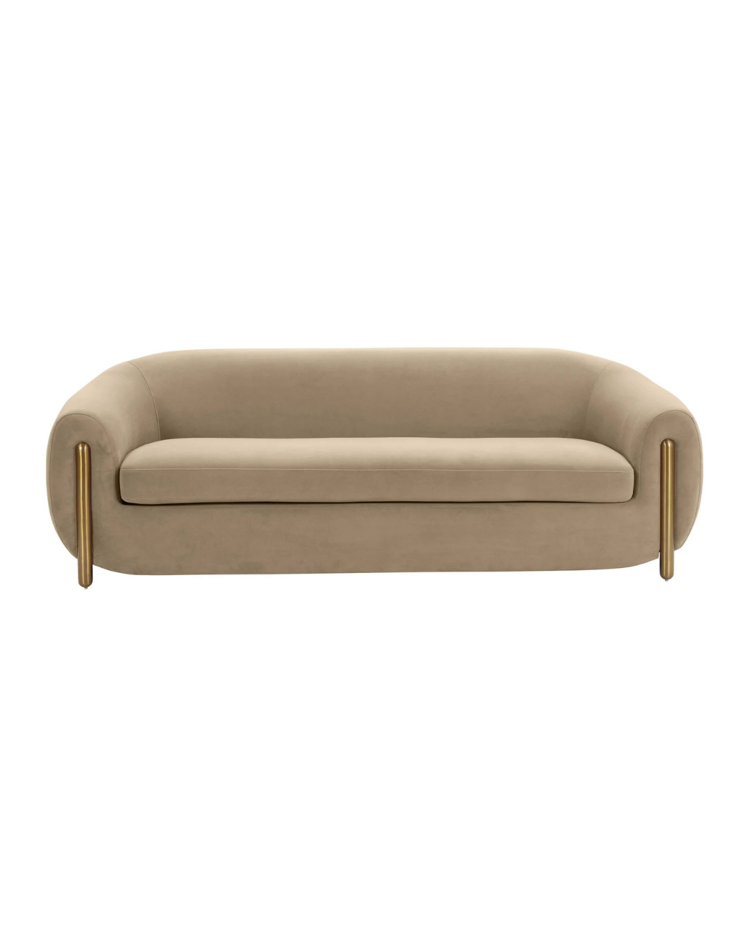 Modern Taupe Velvet Sofa – Curved Silhouette & Gold Accents