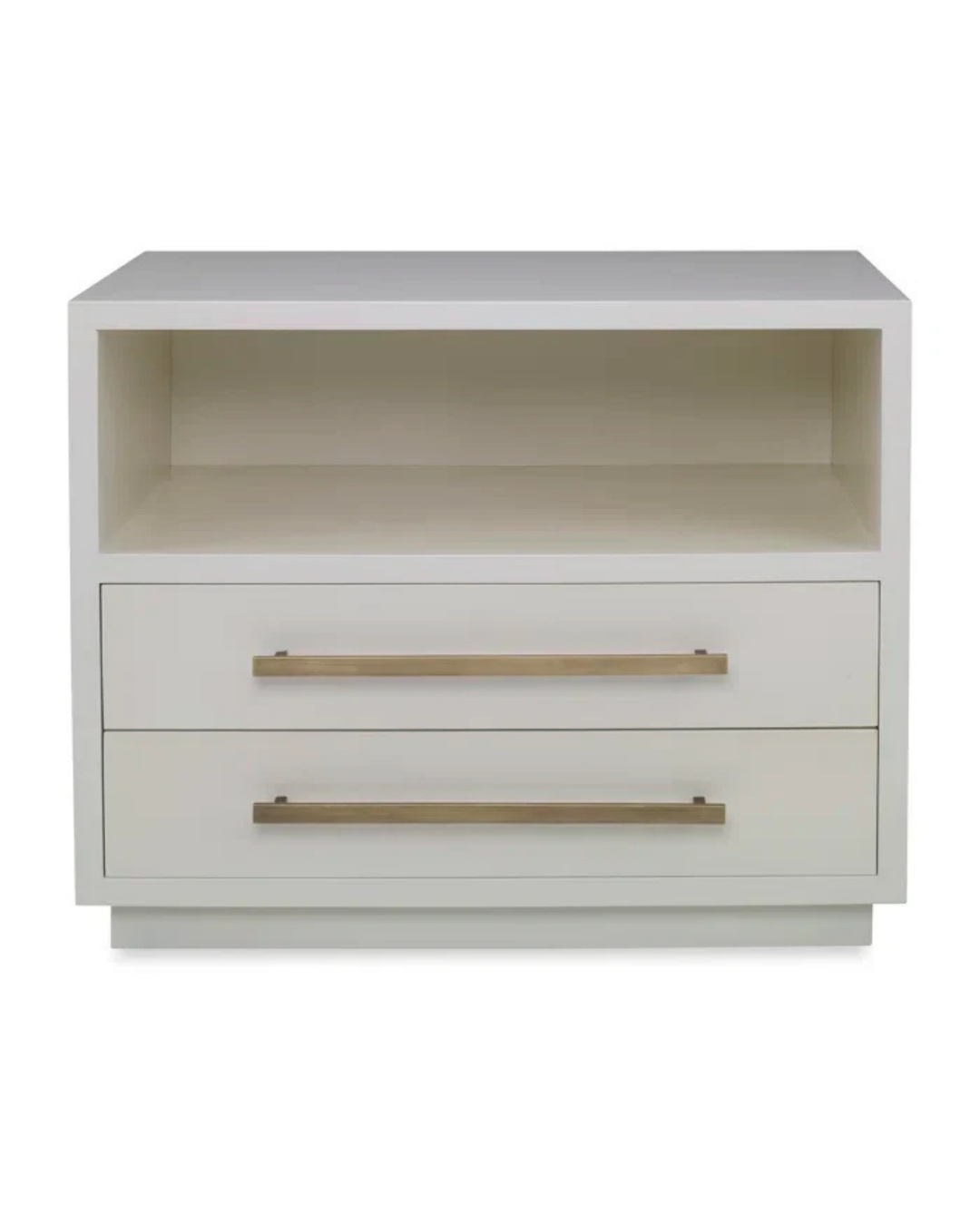 Modern White Nightstand with Open Shelf and Two Drawers