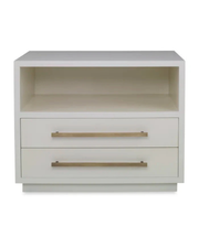 Modern White Nightstand with Open Shelf and Two Drawers