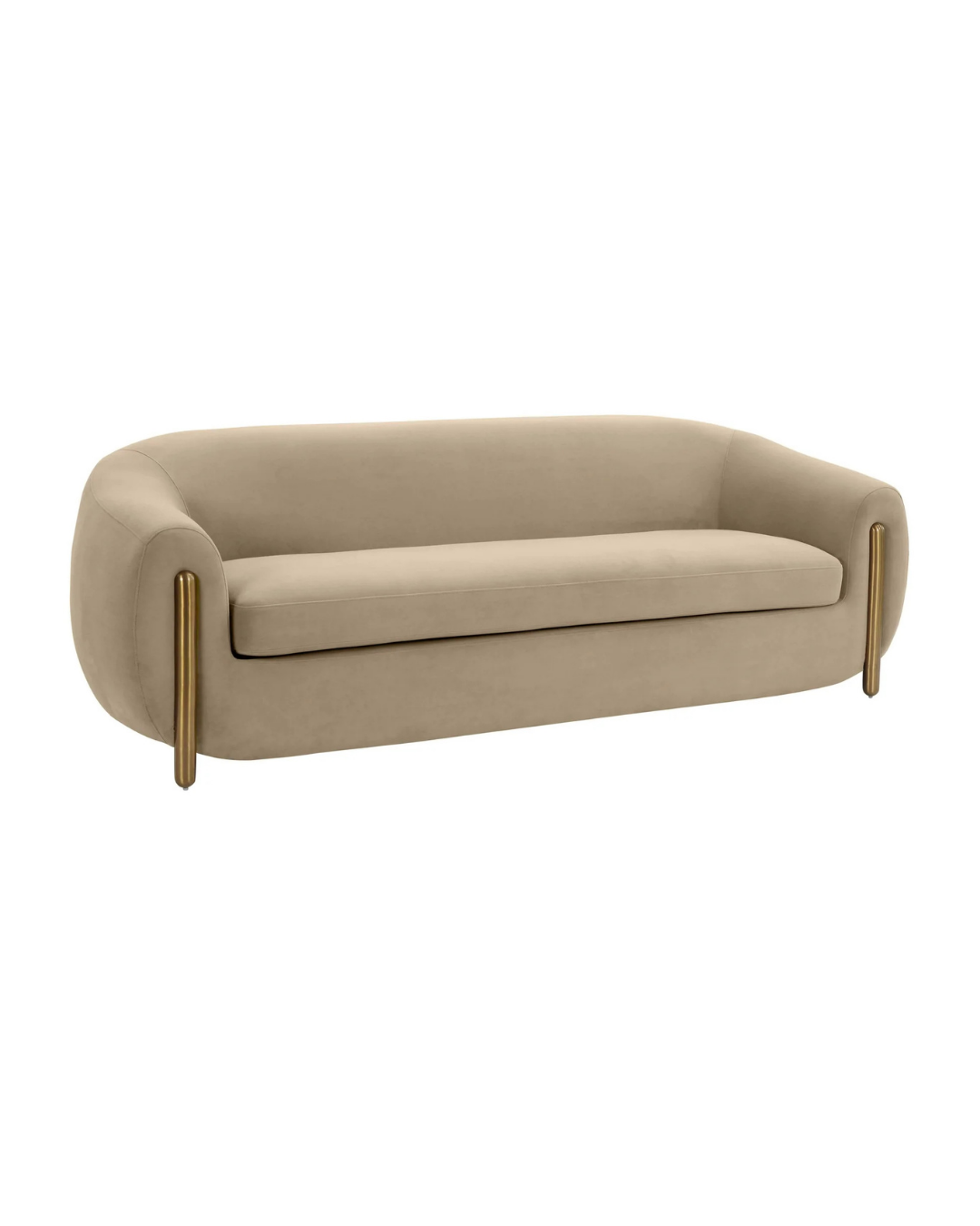 Modern Taupe Velvet Sofa – Curved Silhouette & Gold Accents