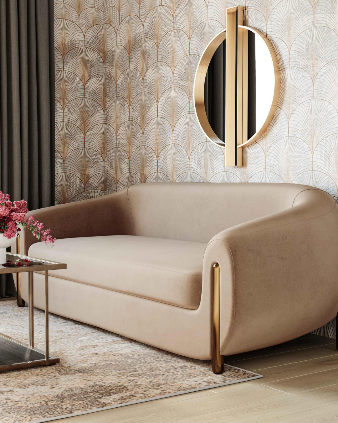 Taupe Velvet Sofa side – luxury velvet sofa UAE