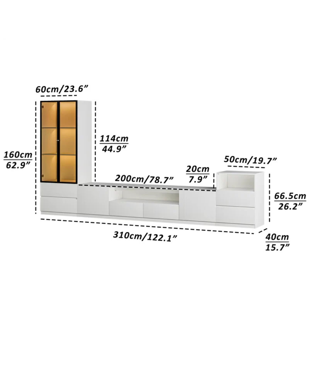 Modern White TV Wall Unit with Storage and Glass Display Cabinets