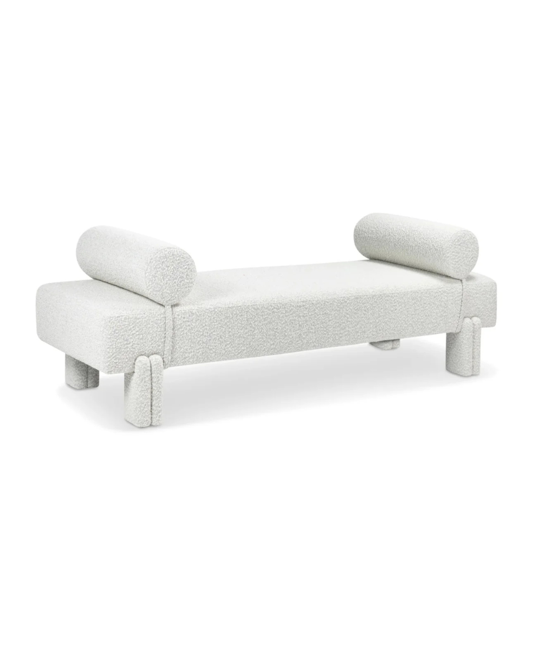 Modern White Bouclé Bench with Bolster Pillows – Sculptural Design