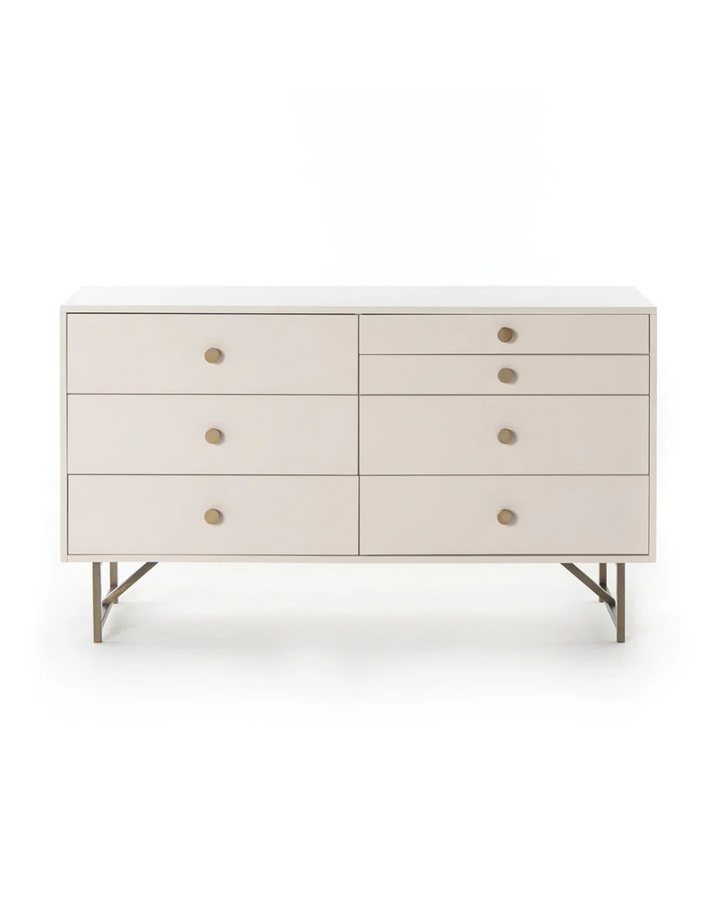 Modern Cream 6-Drawer Dresser gold knobs metal base – bedroom dresser UAE