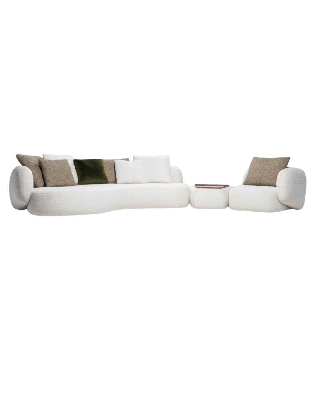 Bolla Sofa Set — Curved Bouclé Sofa & Armchair with Walnut Tray