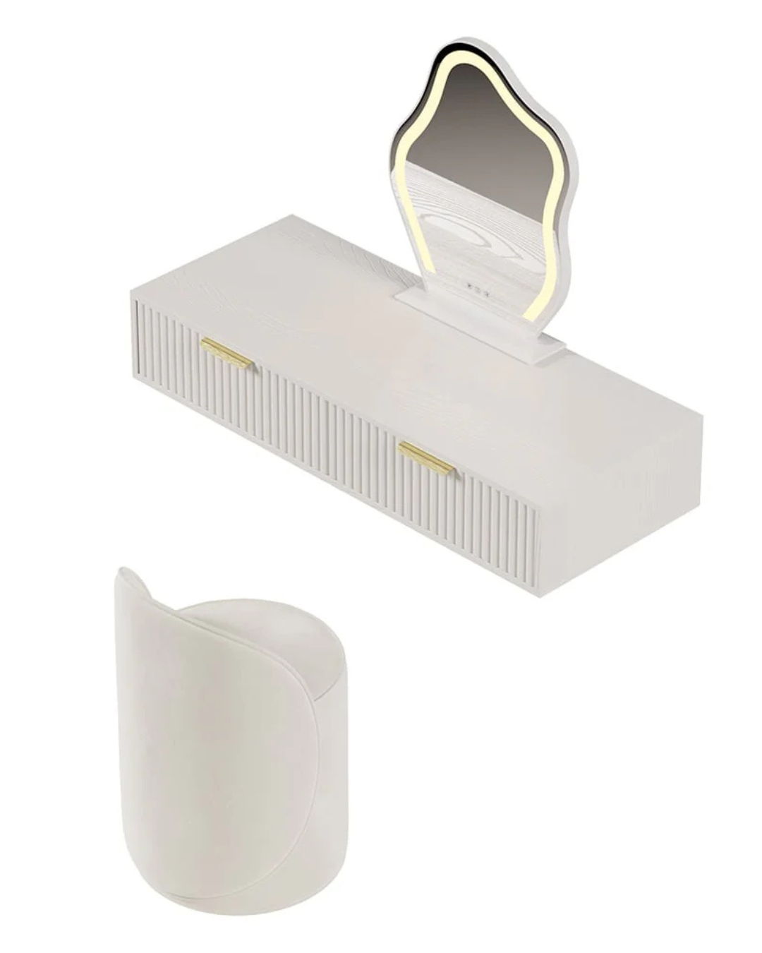 Wall-Mounted Modern Vanity Table with Unique Mirror & Stool – Space-Saving Makeup Desk