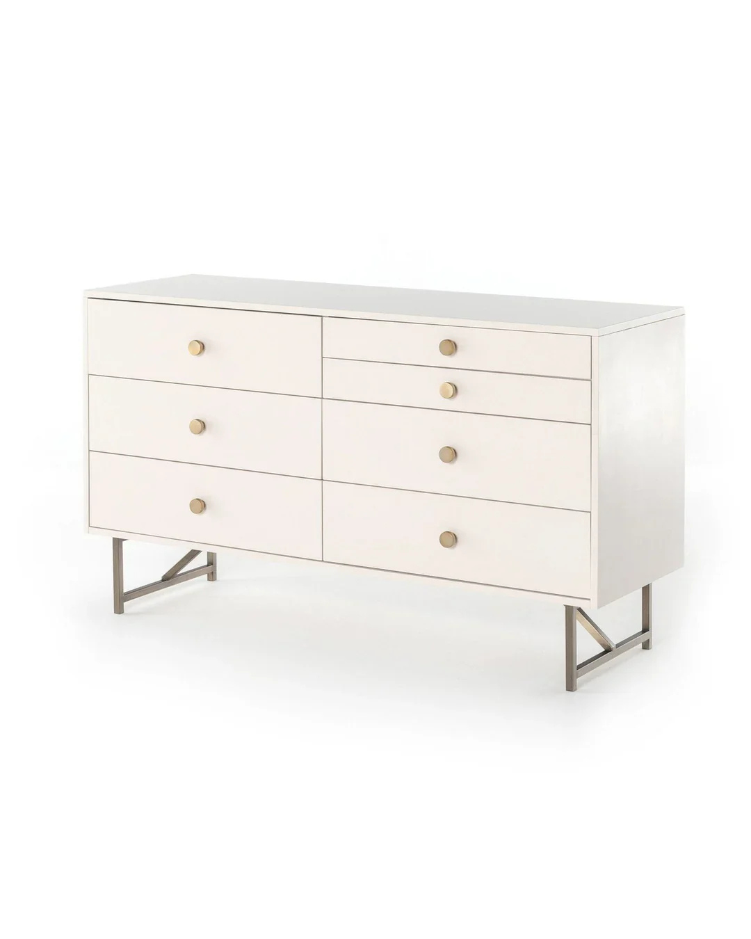 Modern Cream 6-Drawer Dresser – Gold Knobs & Metal Base