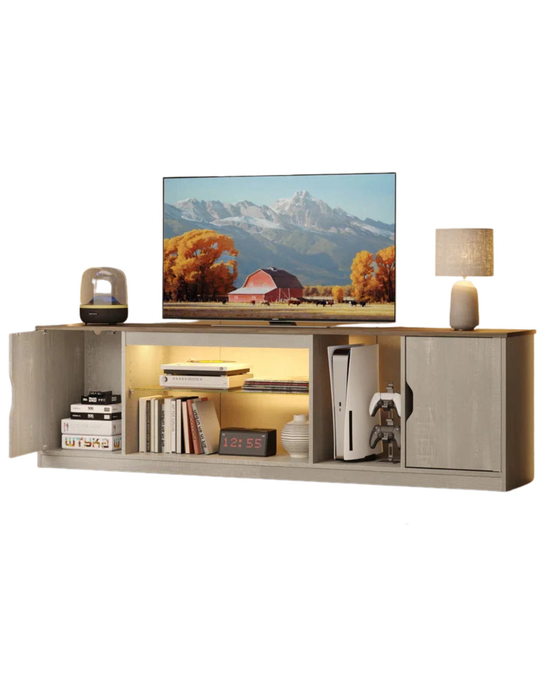 Modern LED TV Stand with Storage in Light Wood Finish