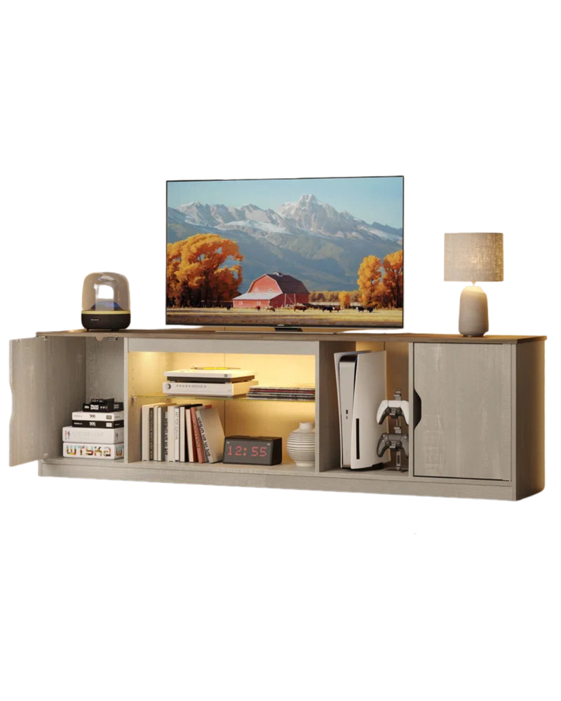 Modern LED TV Stand with Storage in Light Wood Finish