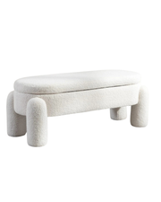 Modern White Bouclé Storage Bench – Oval Design & Plush Legs