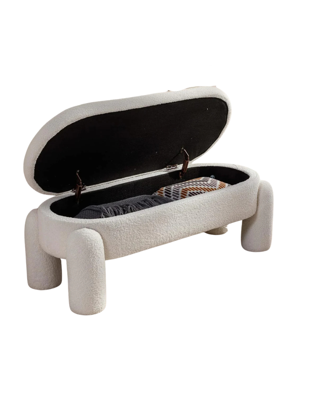 Modern White Bouclé Storage Bench – Oval Design & Plush Legs