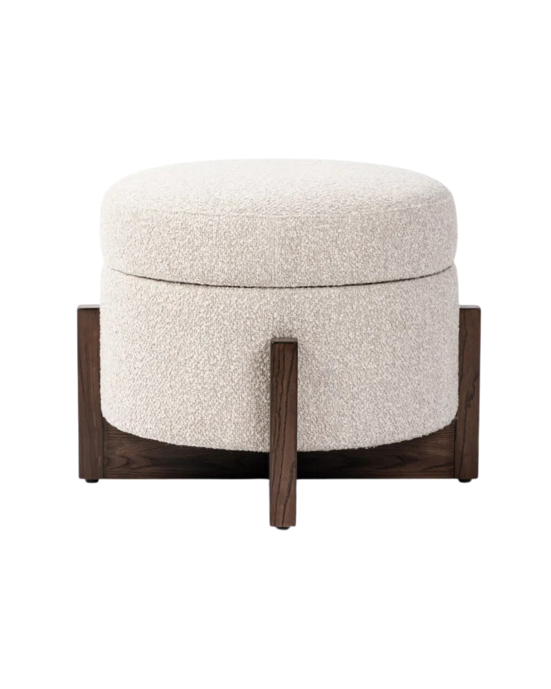 Modern Round Bouclé Ottoman – Wooden Base & Storage Option