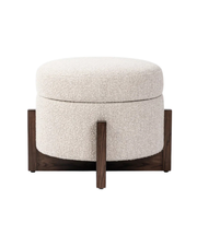 Modern Round Bouclé Ottoman – Wooden Base & Storage Option