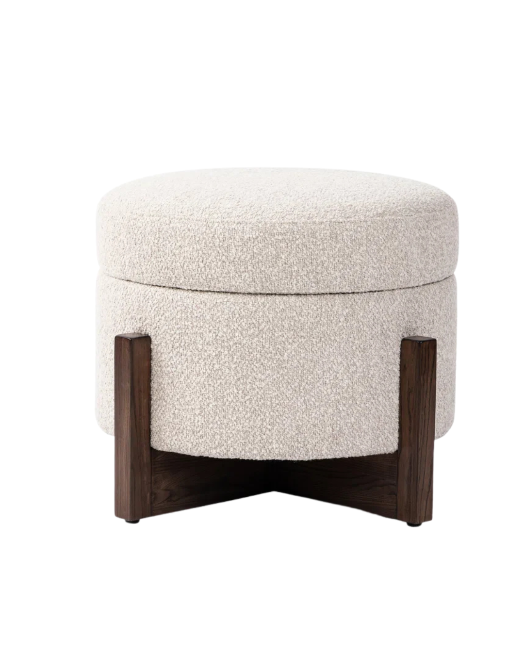 Modern Round Bouclé Ottoman – Wooden Base & Storage Option