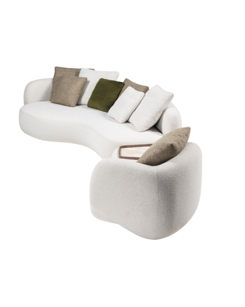 Bolla Sofa Set — Curved Bouclé Sofa & Armchair with Walnut Tray