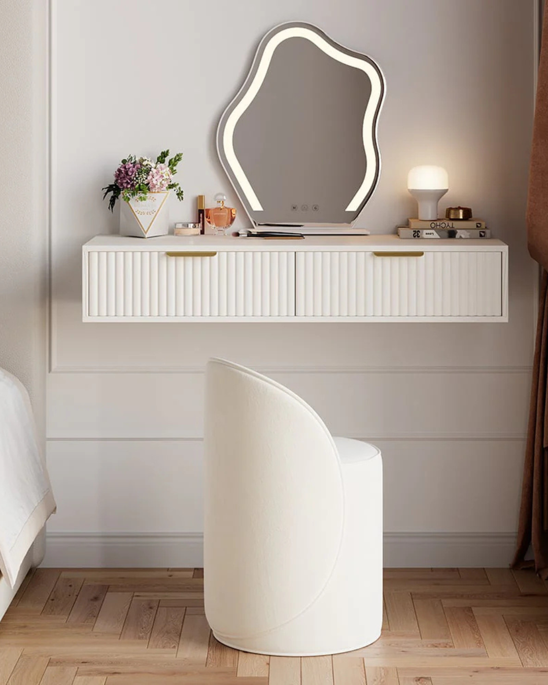 Wall-Mounted Modern Vanity Table with Unique Mirror & Stool – Space-Saving Makeup Desk