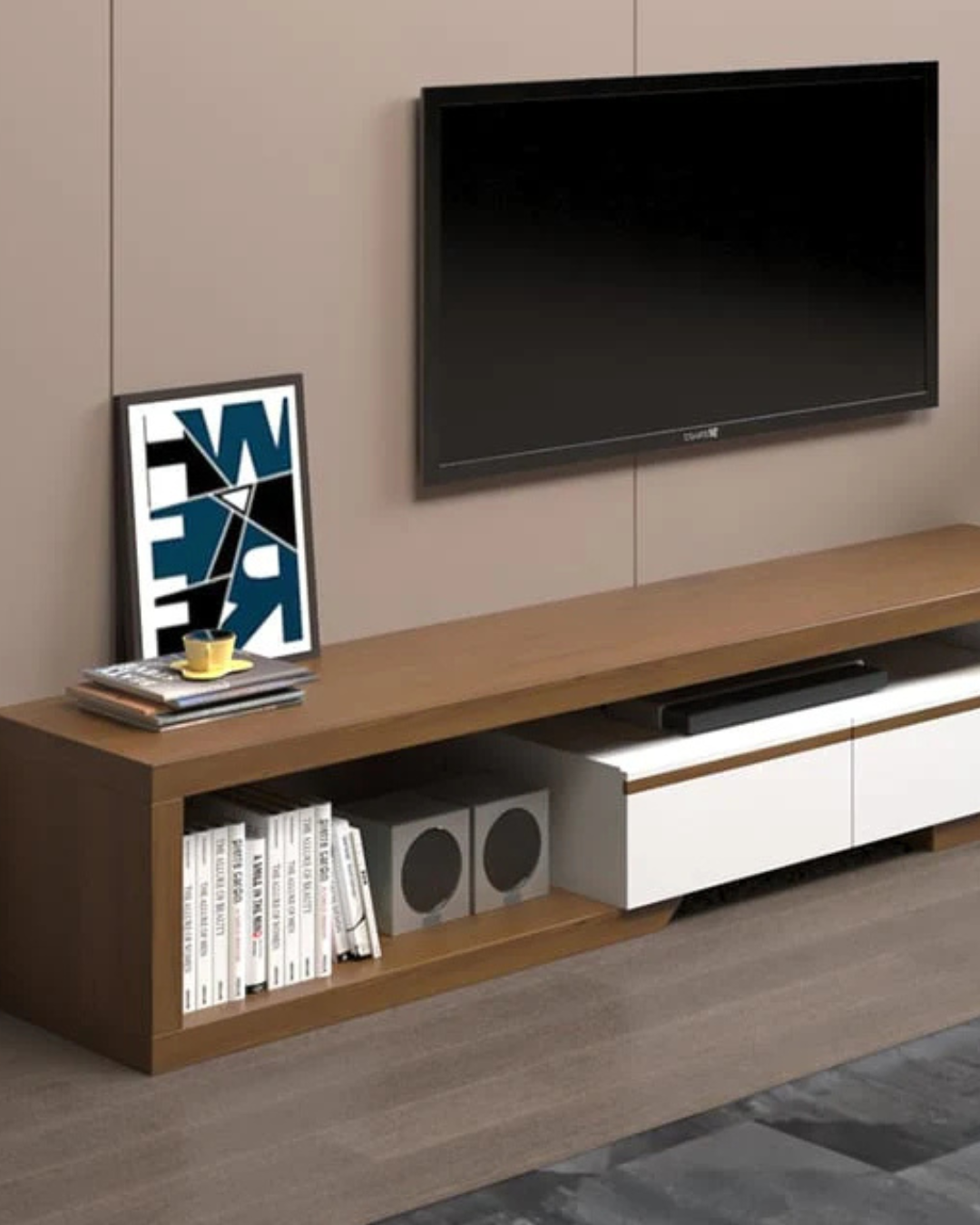 Modern Minimalist TV Stand in White & Natural Wood Finish