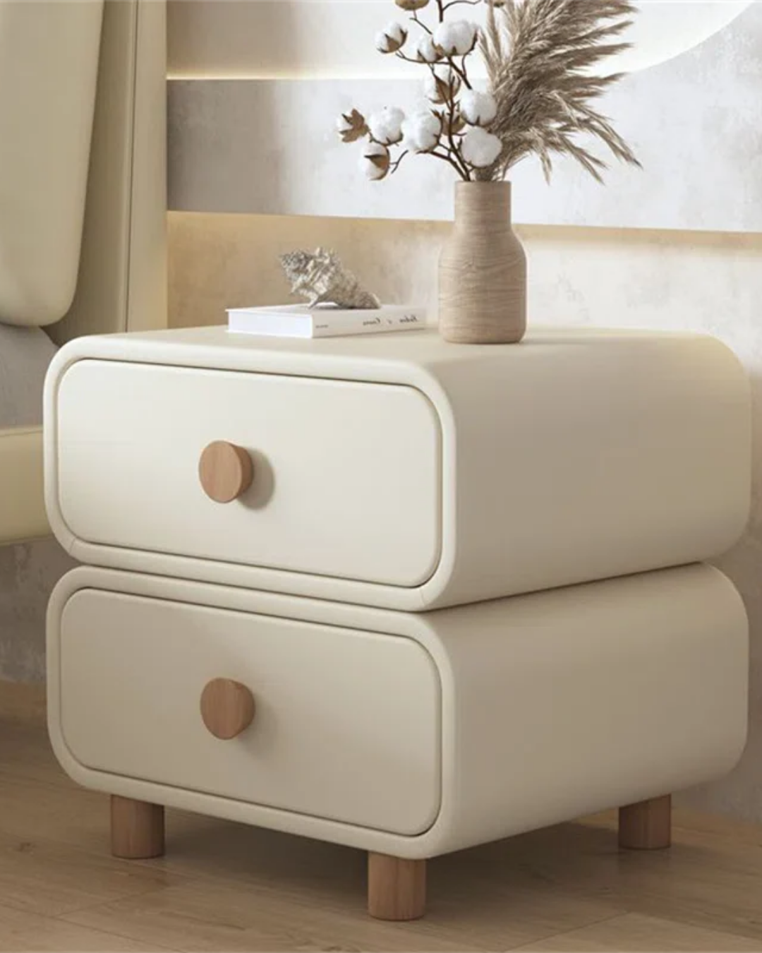 Nora Curved Modern Nightstand with Wooden Accents