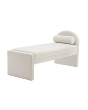 Modern Cream Upholstered Bench with Sculptural Back & Bolster Pillow