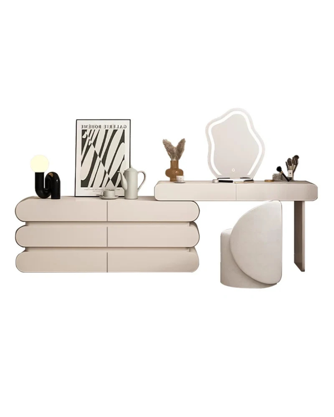 Modern Sculptural Vanity Desk with Unique Mirror & Storage – Elegant Makeup Table