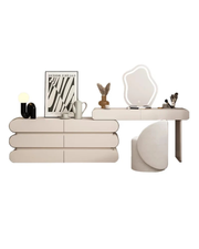 Modern Sculptural Vanity Desk with Unique Mirror & Storage – Elegant Makeup Table