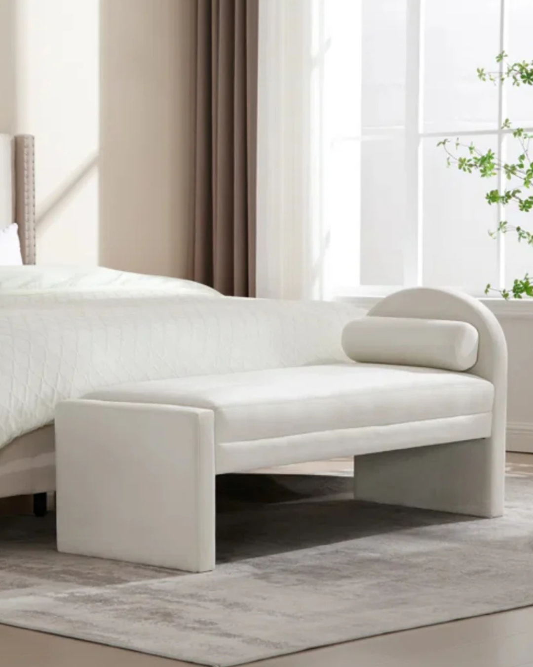 Modern Cream Upholstered Bench with Sculptural Back & Bolster Pillow