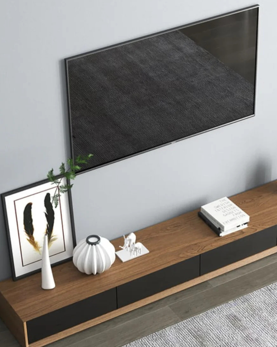 Modern Low-Profile TV Console in Black & Walnut Finish