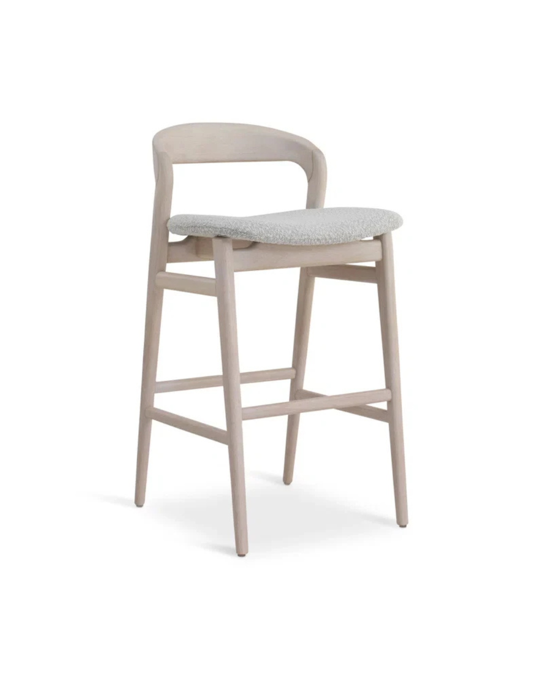 Nora Bar Stool — Whitewash Oak Stool with Bouclé Seat & Open Back