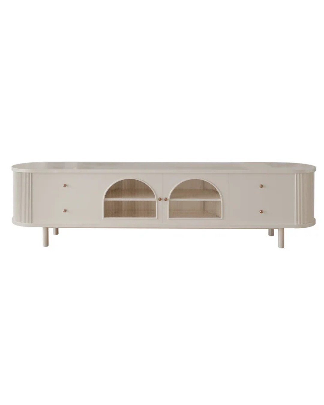 Elegant Cream TV Stand with Curved Silhouette and Arch Details