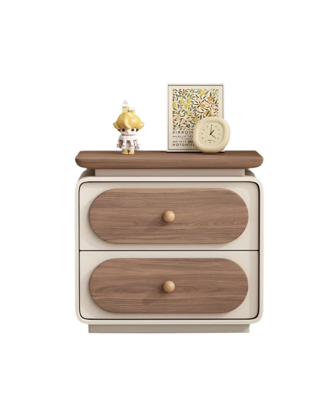 Biscuit Nightstand — Children’s Two-Tone Bedside Table with Walnut Oval Drawers