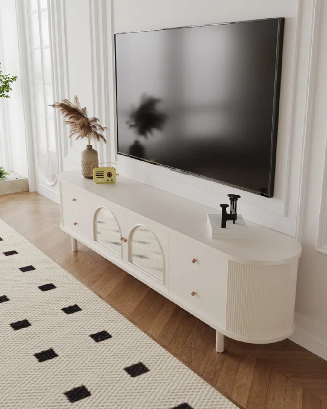 Elegant Cream TV Stand with Curved Silhouette and Arch Details