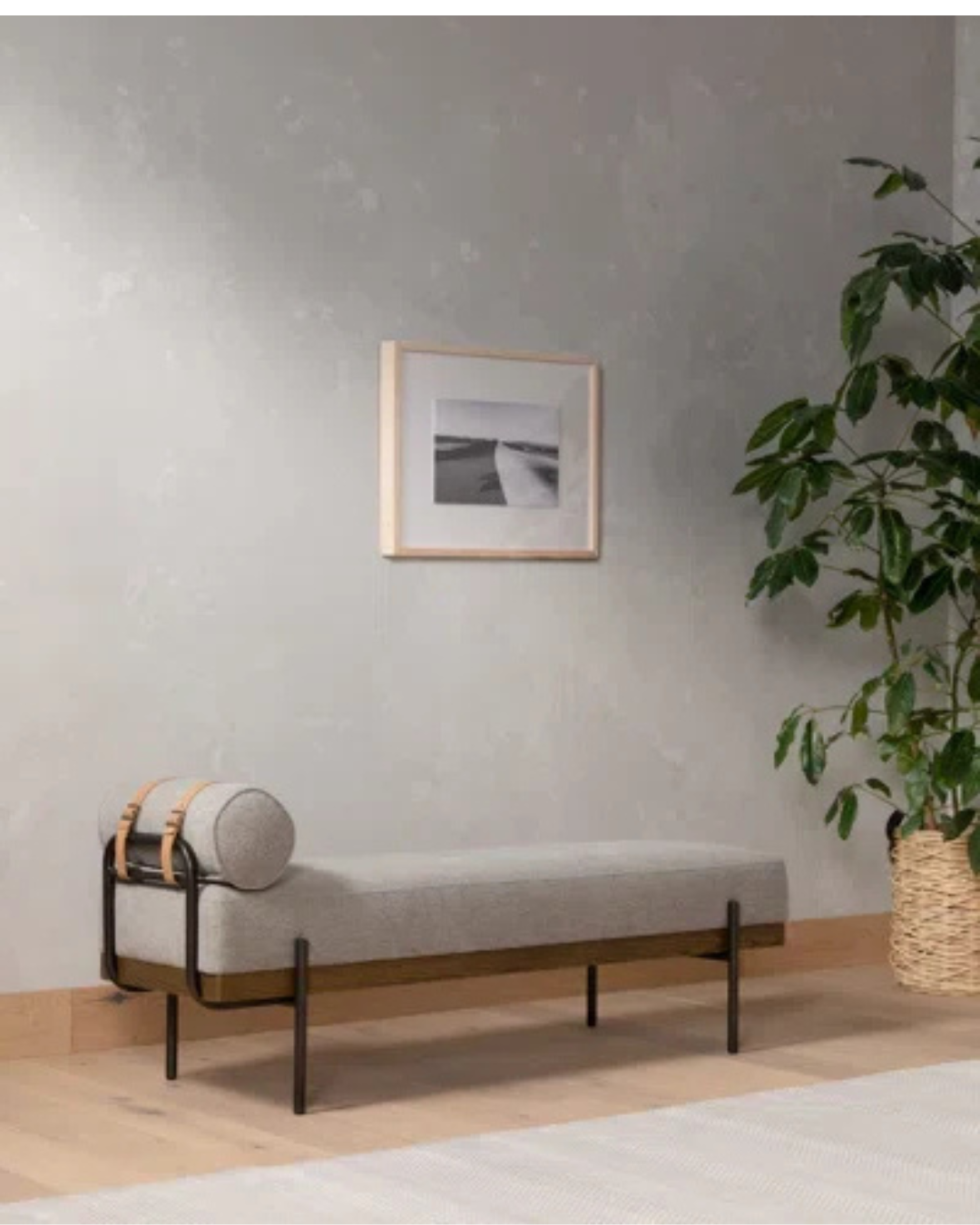 Modern Upholstered Bench with Wood Base & Bolster Pillow – Minimalist Design