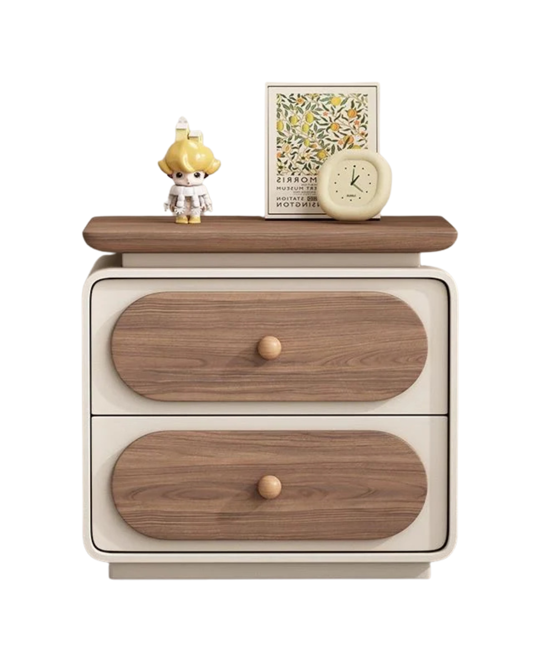 Biscuit Nightstand — Children’s Two-Tone Bedside Table with Walnut Oval Drawers