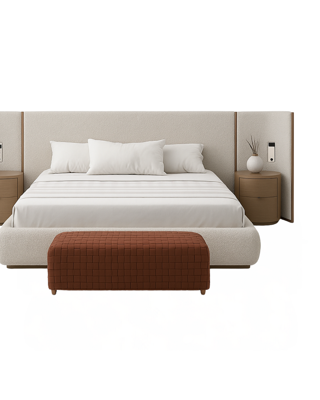 Wing Bed Suite — Bouclé Bed with Walnut Wing Panels, Nightstands & Ben ...