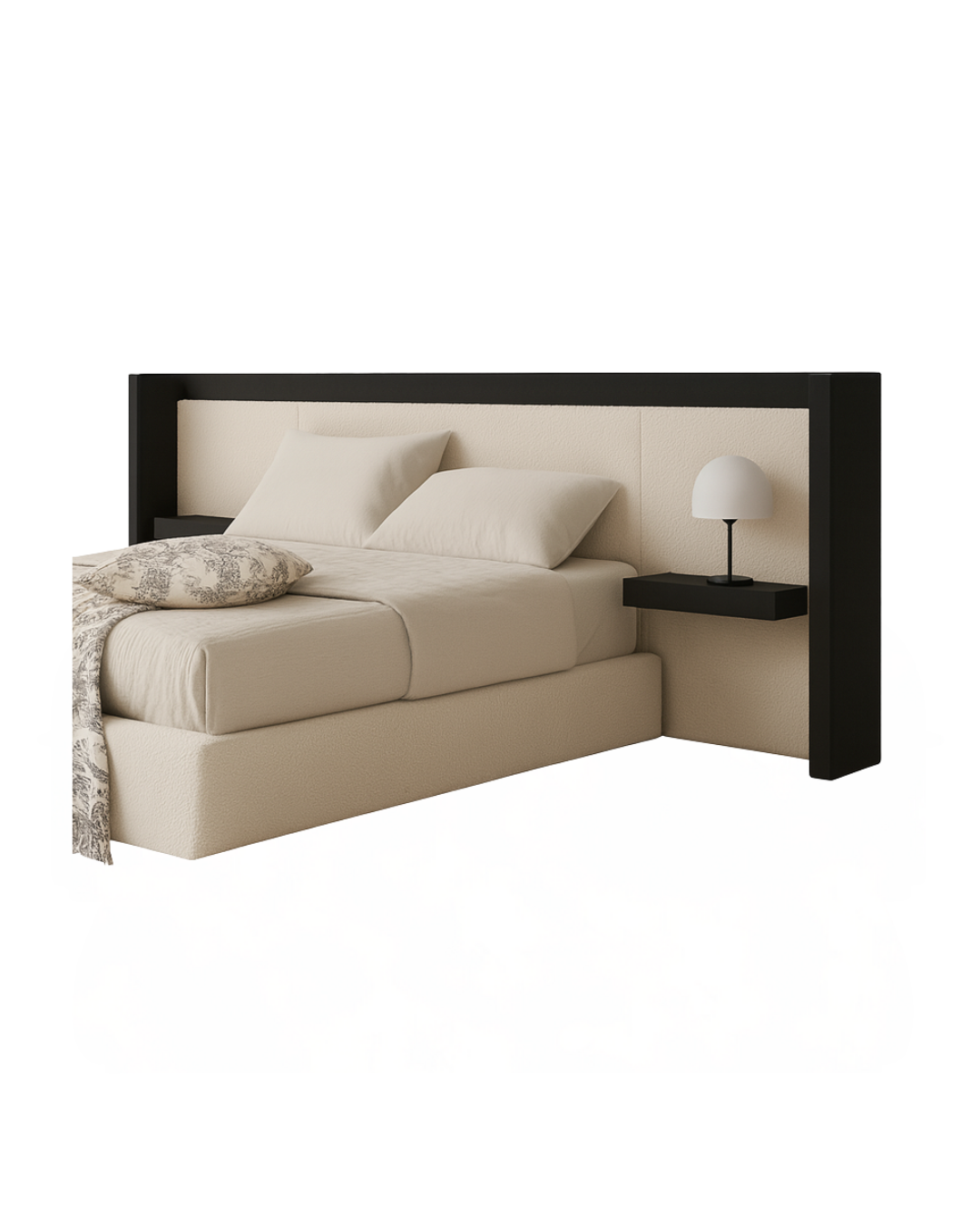 Frame Bed Suite — Bouclé Bed with Black Frame Headboard