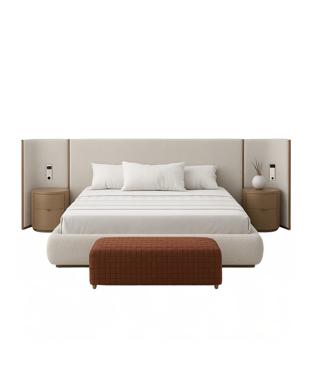 Wing Bed Suite — Bouclé Bed with Walnut Wing Panels, Nightstands & Bench