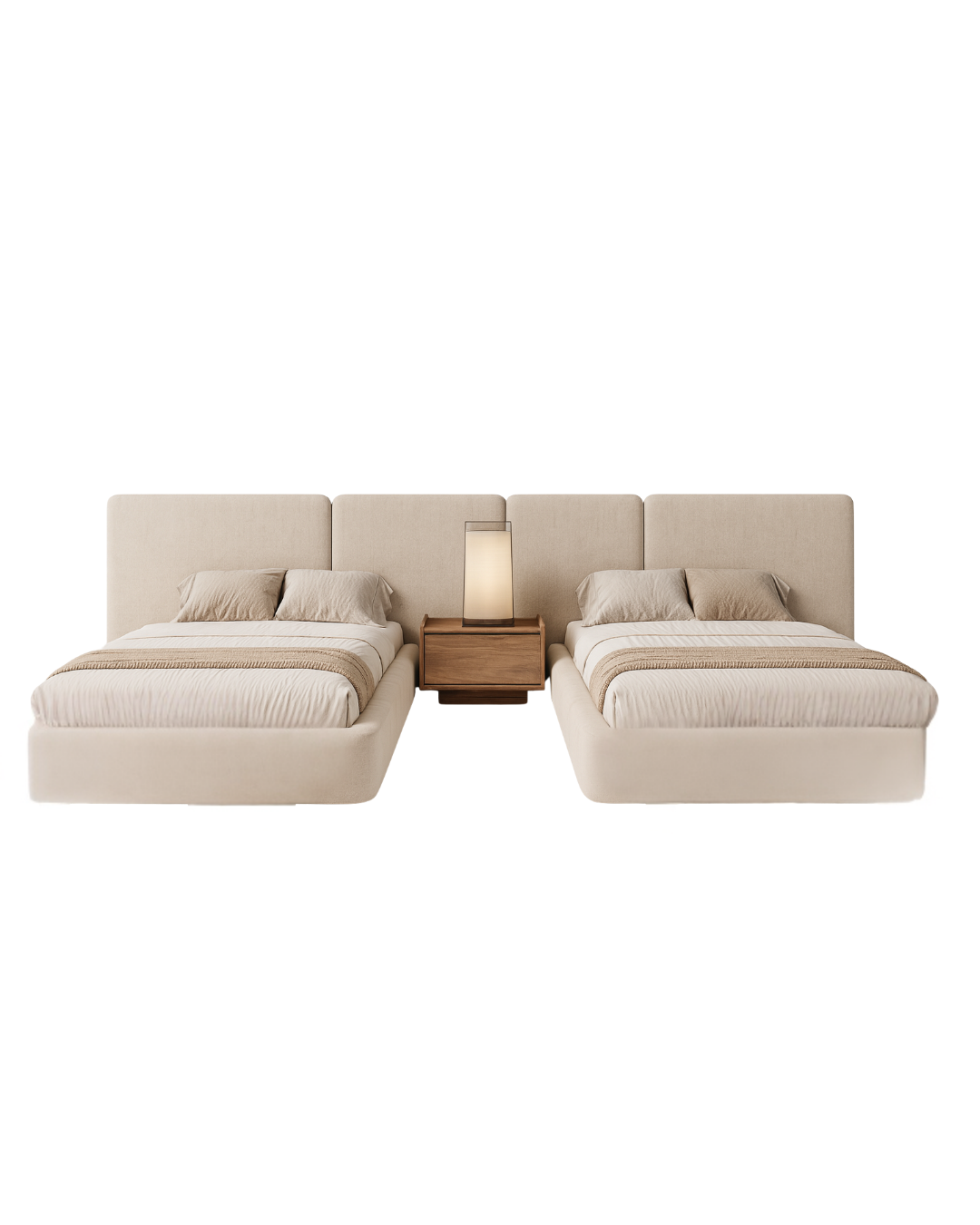 Noma Twin Bed Set — Upholstered Twin Beds with Walnut Nightstand