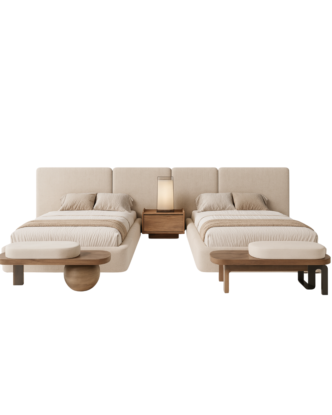 Noma Twin Bed Set — Upholstered Twin Beds with Walnut Nightstand