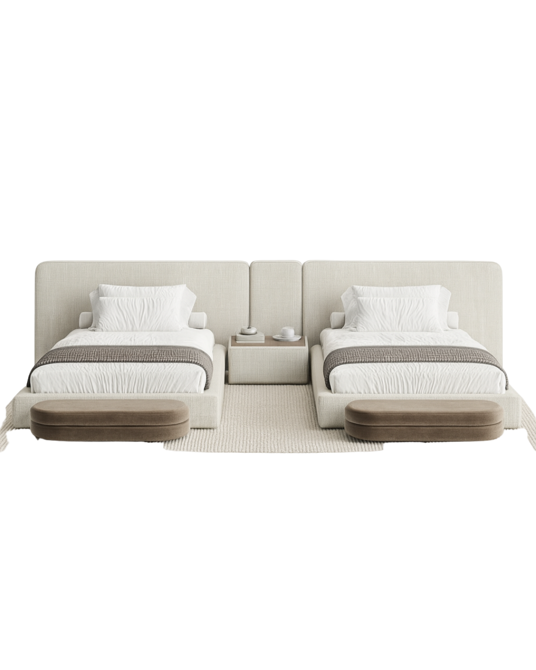 Savio Twin Bed Set — Luxury Upholstered Twin Beds with Ottoman & Nightstand