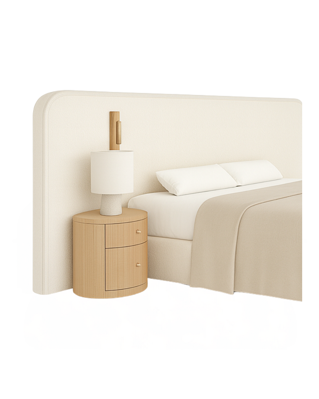 Haven Bed Suite — Bouclé Wall Headboard with Integrated Oak Nightstands & Reading Lights