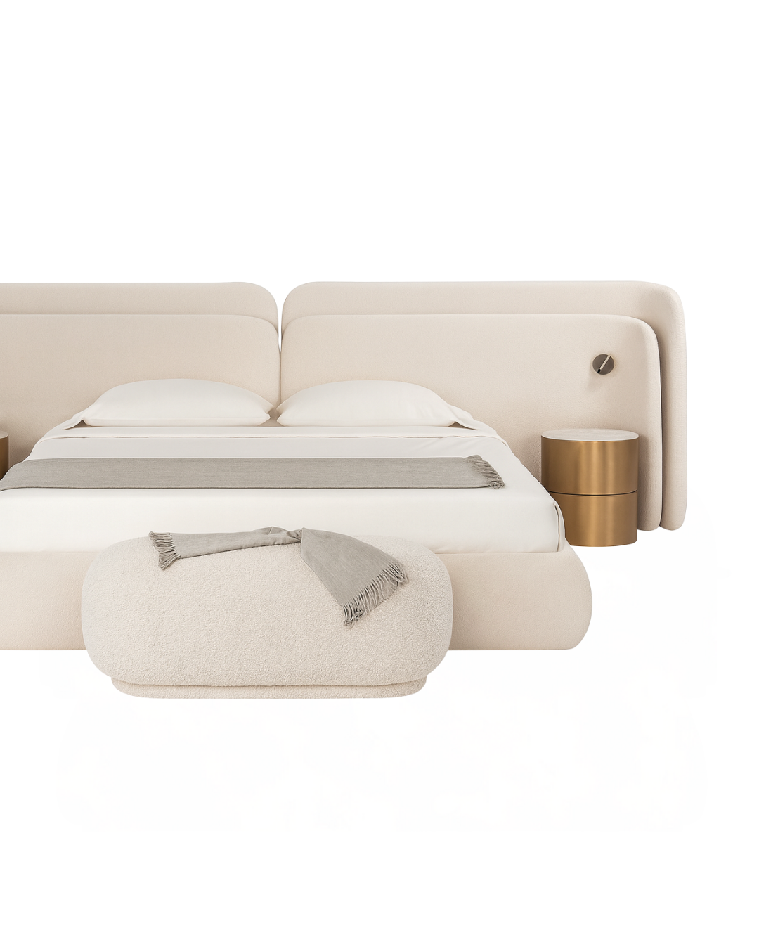 Aurum Bed Suite — Bouclé Bed with Brass Drum Nightstands