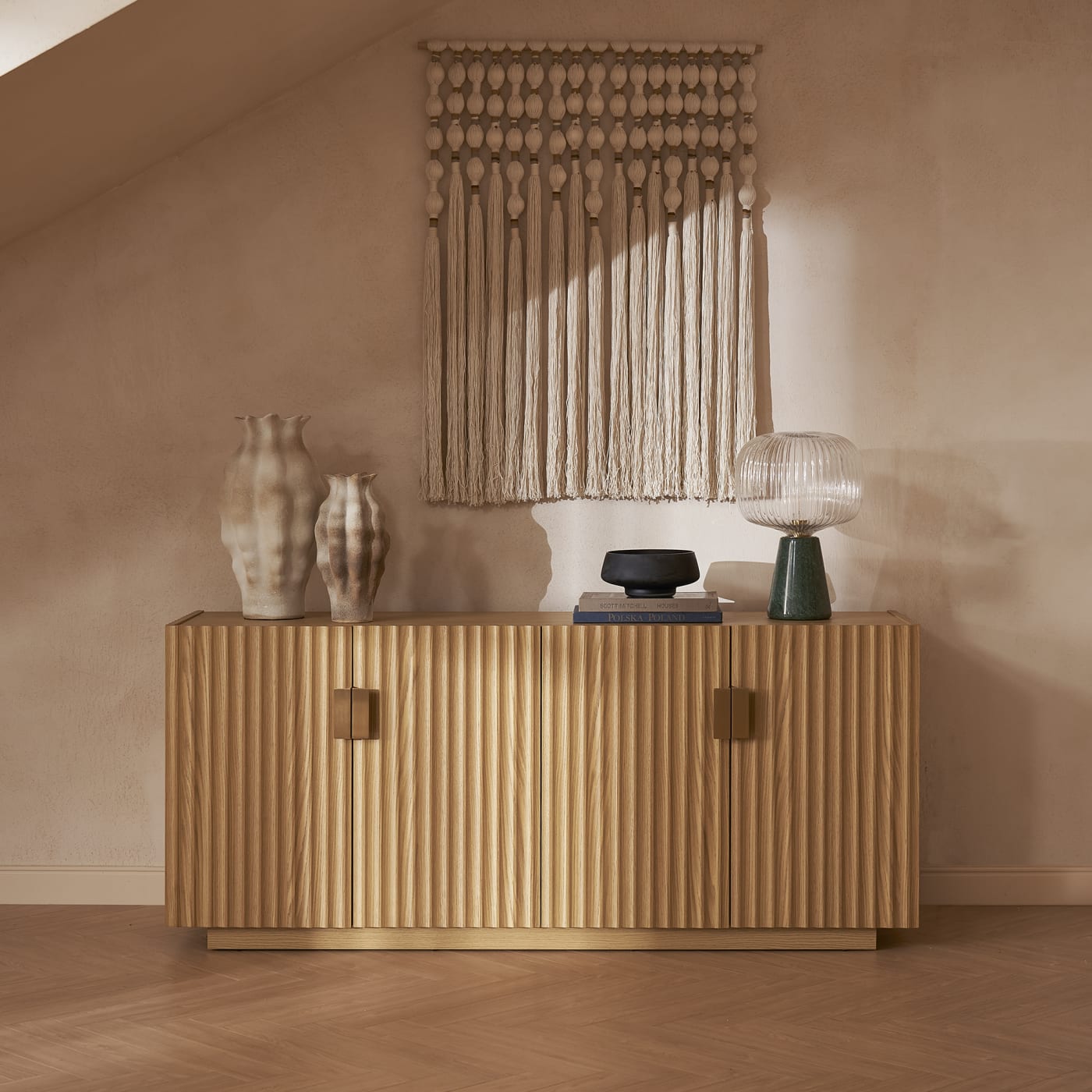Rigato Sideboard — Fluted Oak Credenza with Brass Pulls