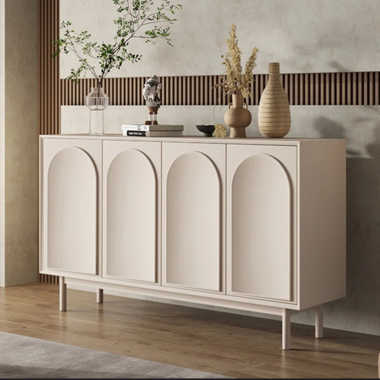 Volta Sideboard — Cream Lacquer Credenza with Arch Relief Doors