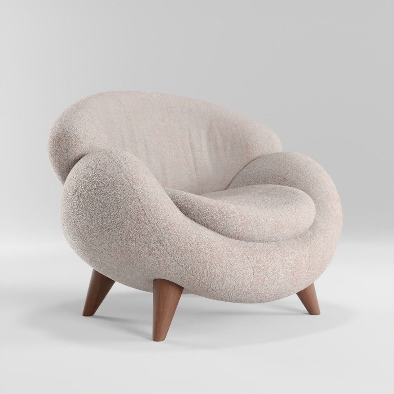 Fluido Lounge Chair — Sculptural Organic Bouclé Armchair with Walnut Legs
