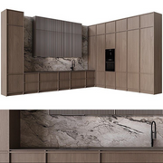 Strato Kitchen Suite — L-Shape Greige Oak Kitchen with Full-Height Marble Slab