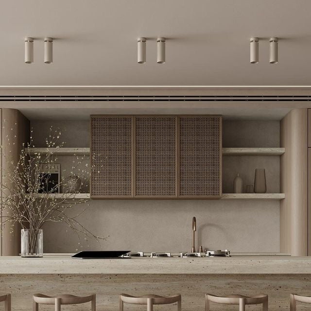 Pietra Kitchen Suite — Travertine Island, Oak Cabinetry & Counter Stools