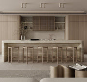 Pietra Kitchen Suite — Travertine Island, Oak Cabinetry & Counter Stools