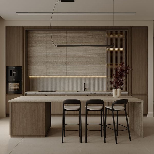 Oscuro Kitchen Suite — Dark Walnut Kitchen with Brass Accent & Stone Island