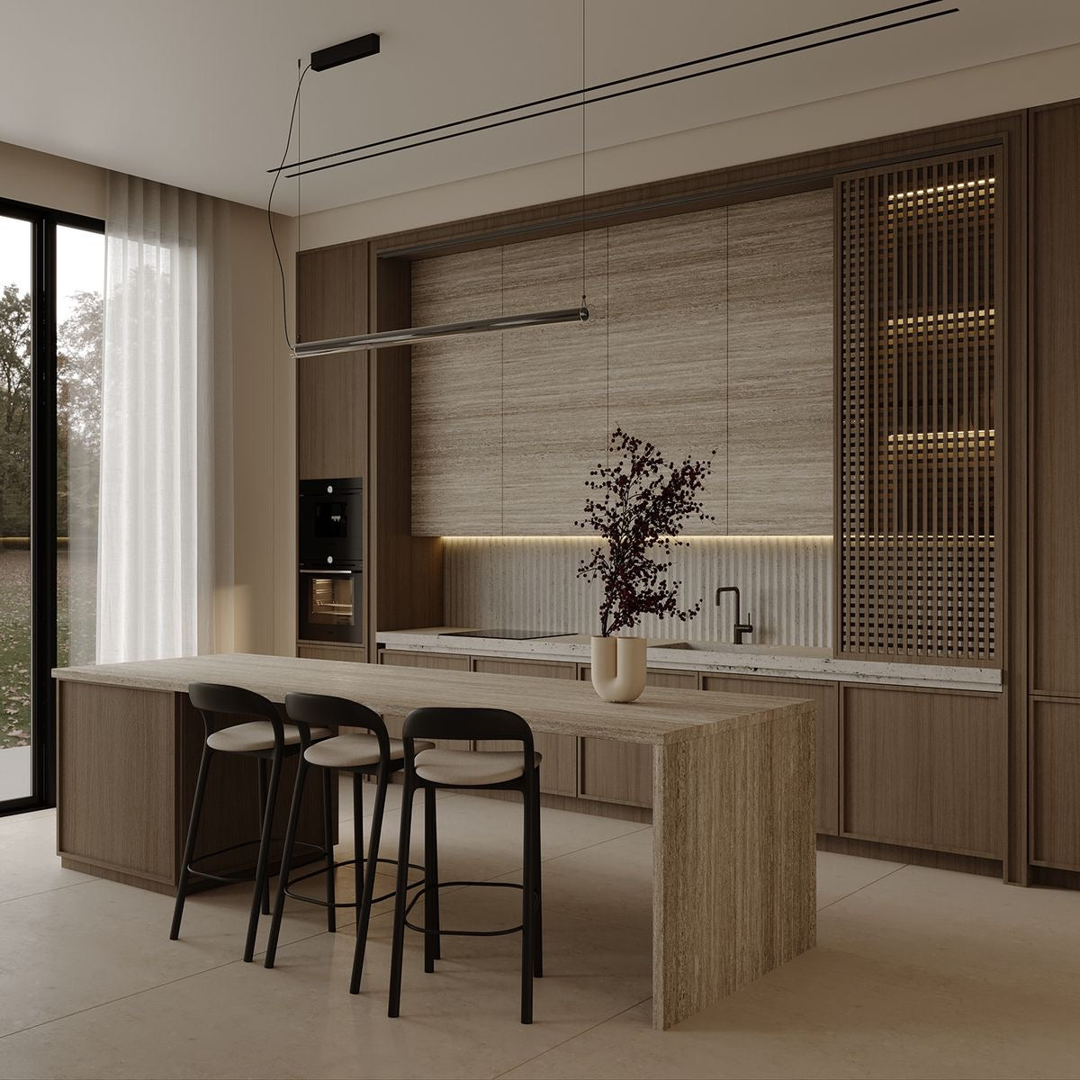 Oscuro Kitchen Suite — Dark Walnut Kitchen with Brass Accent & Stone Island